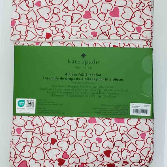 NWT Kate Spade FULL SIZE Sheet Set Outline Hearts Spades Pink Red White Cotton - Picture 2 of 2